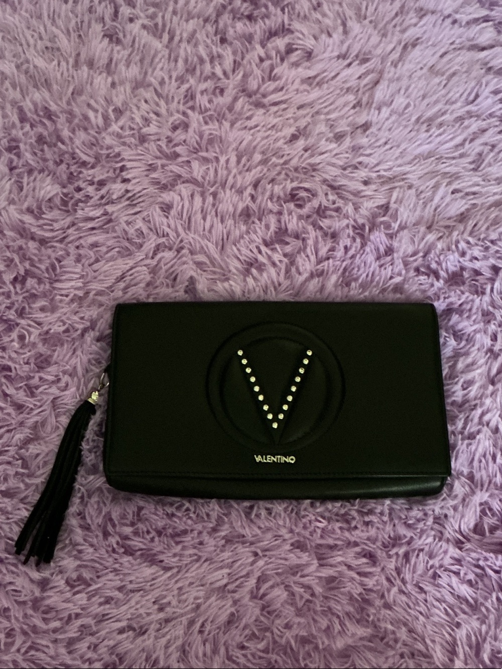 Valentino By Mario Black V-Logo Studded Tassel Leather Clutch without its strap